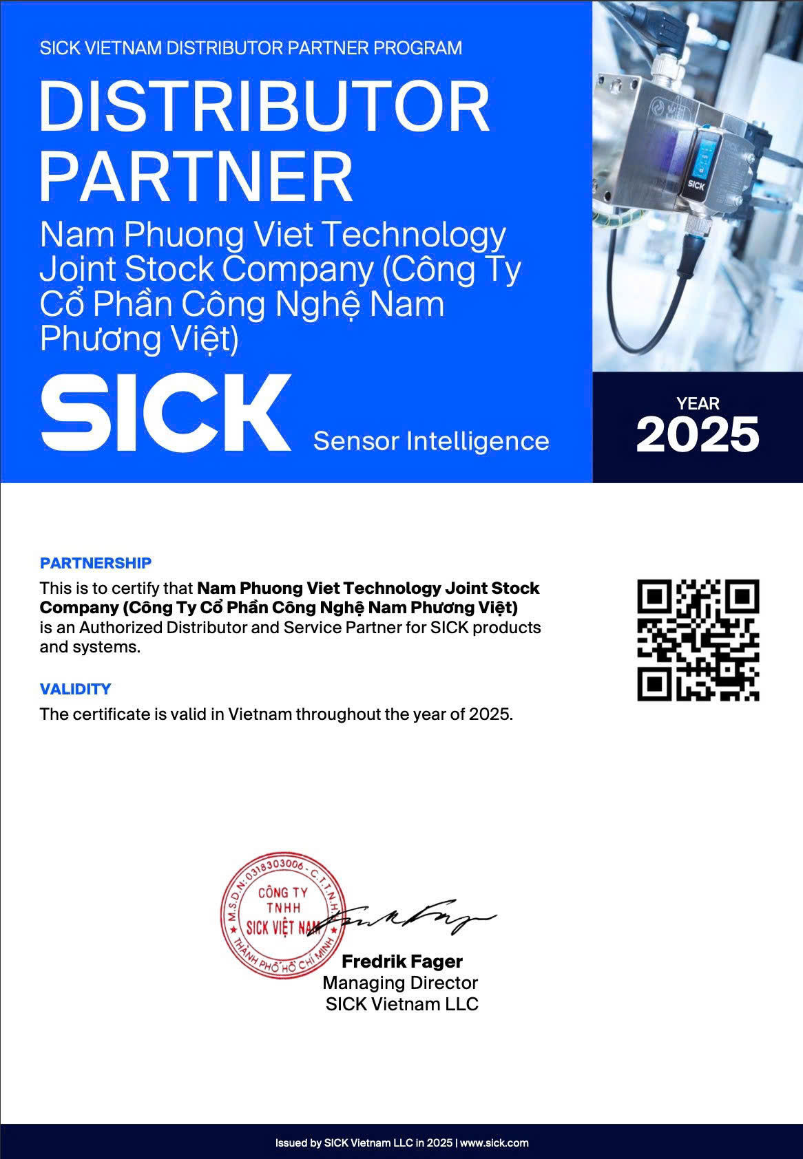 Chứng nhận đại lý Nhà Phân Phối ủy quyền của SICK tại Việt Nam
